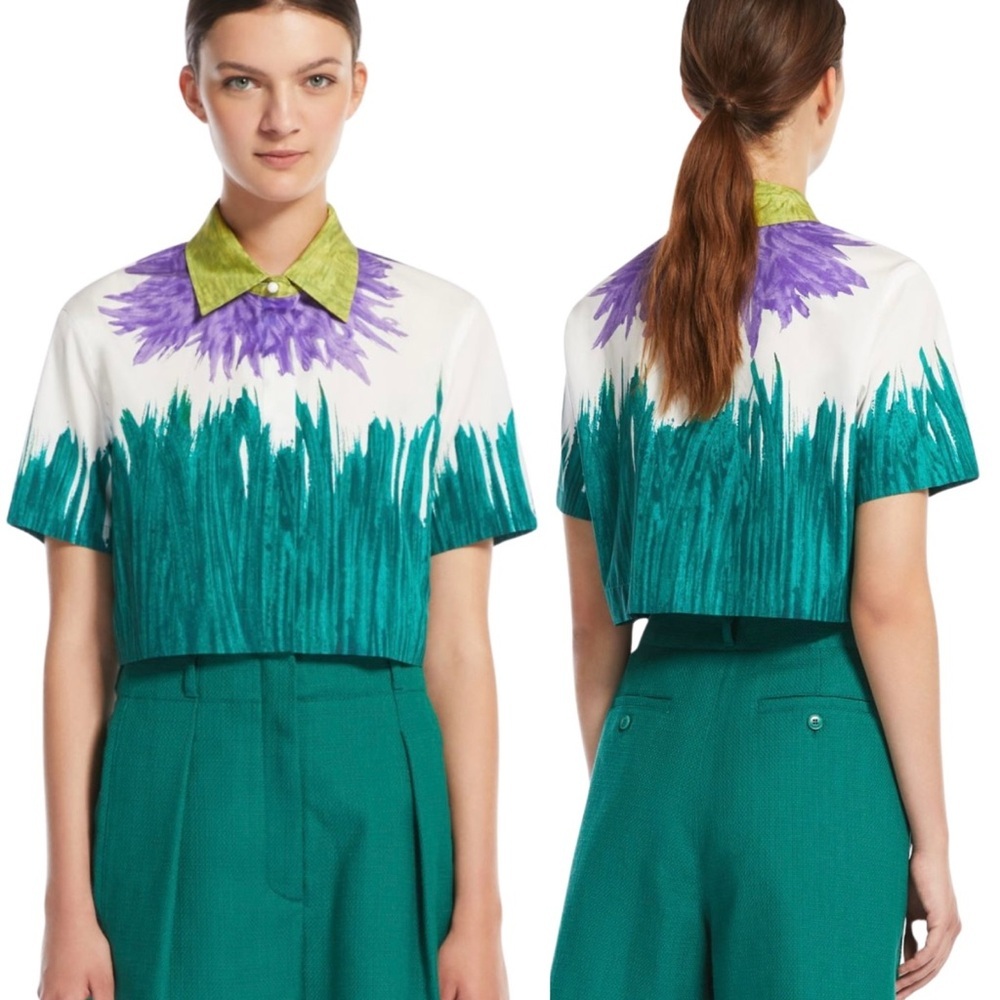 Max Mara A Weekend with Ashley Park Printed Short Sleeve Button Down Crop Top